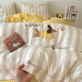 Embroidery Stripe Bedding Set Cute Cartoon Washed Cotton Soft Four Piece Sets Pillowcase Duvet Cover Set 200x230cm Home Textiles
