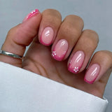 24pcs Simple White Flower Fake Nails Short Square French False Nail Nude Pink Full Cover Nail Tips Wearable Press on Nails Sets