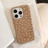 Retro Autumn Full Screen Yellow Flowers Suede Leather Texture Phone Case for iPhone 16 15 14 13 12 11 Pro Max Shockproof Cover