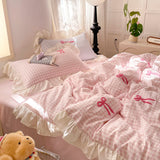 2025 Princess Bedding Set Lace Bow Pink Plaid 4pcs Bedding for Spring Quilt Cover Sheet And Pillowcase Soft Romantic For Girls