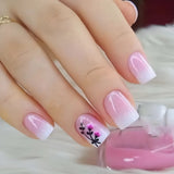 24pcs Sweet Cool False Nails Gradient French Fake Nail Tips with Purple Flowers Design Short Square Press on Nails Colorful Nail