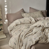 Vintage French Pastoral Flower Print Bedding Set 100% Cotton Double Yarn Soft Duvet Cover Flat/Fitted Bed Sheet Pillowcases 4Pcs