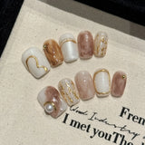10Pcs Brown Handmade Press on Nails Full Cover Shiny Cat Eye Autumn-winter French Short Ballerina False Nails Wearable Manicure
