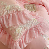 Elegant Lace Rose Embroidery Bedding Sets French Style Luxury 100% Cotton Pink Princess Ruffles Quilt Cover Bed Skirt Pillowcase
