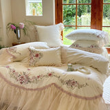 Premium Egyptian Cotton Luxury Wedding Bedding Set Flowers Embroidery Organza Lace Ruffles Duvet Cover Set Bed Sheet Pillowcases