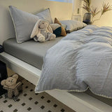 Ins Style Solid Color Stripes Mix and Princess Style Quilt Cover Four-piece Bedding Set Washed Cotton Shell Edge Duvet Cover Set