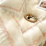 4Pcs Luxury 1000TC Egyptian Cotton Princess Lace Ruffles Wedding Bedding Set Duvet Cover Set Bed Sheet/Fitted Sheet Pillowcases