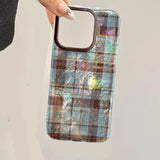 For IPhone 11 12 13 14 15 16 Pro Max X XR XS Max 7 8 Plus SE 2022 2020 Retro Brown Blue Checkered Pattern Clear Phone Case Cover