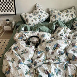 Korean Style Ins Retro Fresh Floral Washed Cotton Bed Four Piece Duvet Set, Student Dormitory Bed Sheet Three Piece Set