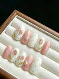 10Pcs Handmade Short Oval Press On Nails Pink White Gold Line Floral Pearl Fake Nails Glossy for Daily Valentine's Day
