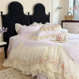 Princess Wedding Bedding Set Korean Style Lace Flowers Embroidery Duvet Cover Bed Sheet/Fitted Sheet/Bed Skirt Pillowcases 4Pcs