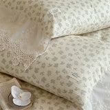 Vintage French Lace Edge Flowers Print Bedding Set 100% Cotton Double Yarn Duvet Cover Flat/Fitted Bed Sheet Pillowcases 4Pcs