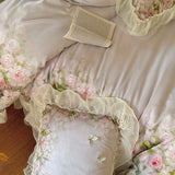 Flower Prints Ruffles Summer Cool Feeling Bedding Set 800TC Lyocell Soft Silky Duvet Cover Flat/Fitted Bed Sheet Pillowcase 4Pcs