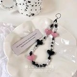 Black Heart Pearl Beaded Charm Phone Pendant Crystal Wristband Keychain Bracelet Lanyard Cord
