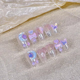 10Pcs Pink Coffin Handmade Press On Nails 3D Rhinestone Fake Nail with Butterfly Full Cover Pearl Wearable Artificial Nail Tips