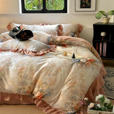 100% Cotton Korean Princess Style Flower Print Ruffles Bedding Set Queen Size Duvet Cover Flat/Fitted Bed Sheet Pillowcases 4Pcs