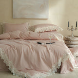 100% Cotton Flowers Butterfly Lace Edge Bedding Set Queen King Size Duvet Cover Set Flat/Fitted Bed Sheet Pillowcases 4Pcs