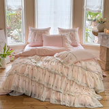 Three-layer Floral Embroidered Lace Ruffles 1000TC Egyptian Cotton Bedding Set Duvet Cover Flat/Fitted Bed Sheet Pillowcase 4Pcs