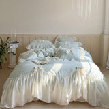 4Pcs Lace Ruffles Bow Wedding Bedding Set Pure Cotton Duvet Cover Set Double Layer Lace Quilted Bedspread Bed Sheet Pillowcases