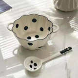 Wave Point Ceramic Double Ear Bowl 2025 New Household Large Capacity Dessert Bowl Spoon Set Simple Fruit Salad Dining Utensils