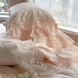 1200TC Egyptian Cotton Lace Ruffles Princess Wedding Style Pink Bedding Set Duvet Cover Flat/Fitted Bed Sheet Pillowcases 4Pcs