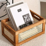 Retro Hollow Rattan Storage Basket Rectangle Creative Wooden Sundries Storage Box Luxury Aesthetic Miniature Home Decoration