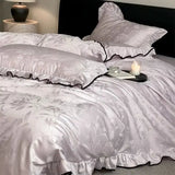 Luxury Egyptian Cotton Flowers Jacquard Bedding Set Vintage Ruffle Duvet Cover Black Piping, Bed Sheet/Fitted Sheet Pillowcases