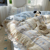 A-Class Skin Friendly Printing Bedding Set With Lace Duvet Cover Bed Sheet Pillowcases Four Piece Set Bedroom Decor Home Textile