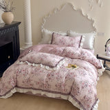 500TC Egyptian Cotton Vintage French Rose Flowers Print Ruffles Bedding Set Duvet Cover Flat/Fitted Bed Sheet Pillowcases 4Pcs