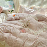 3pcs Pink Grid Bedding Set bedding set lace duvet cover and 2pcs pillowcases (no padding), suitable for bedroom