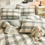 New Pure Cotton Bedding Set with Fitted Sheet Duvet Cover Pillowcase Simple Printed Grid Comfortable Bedclothes Single Double
