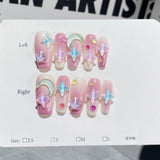 10Pcs Pink Coffin Handmade Press On Nails Moon Stars False Nails Sweet Bow Diamond Design Full Cover Ballet Fake Nails Press On