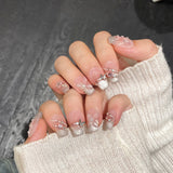 10Pcs Handmade Press On Nails Full Cover Shiny Butterfly Rhinestone Cat Eye French Ballet False Nails Wearable Manicure Nail Tip