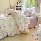 Flower Skin-friendly Washed Cotton Bedding Set Duvet Cover Set Korean Lace Ruffles Quilt Cover Soft Cover Bed Linen Pillowcases