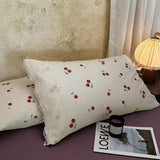 Korean Style Vintage Cherry Bedding Sets for Girls New Washed Cotton Duvet Cover With White Lace Trim Sheet Pillowcases