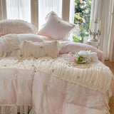 800TC Lyocell Bamboo Fiber Soft Silky Cooling Bedding Set Pink Romantic Lace Ruffles Duvet Cover Flat/Fitted Sheet Pillowcases
