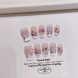 10pcs Handmade Press on Nails Medium Glitter French False Nails Full Cover Butterfly Pearl Diamond Designs Fake Nails Manicure