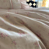 Pink Floral Double Layer Lace Ruffles 100% Cotton Bedding Set Duvet Cover Set Bed Sheet/Bed Skirt/Fitted Sheet Pillowcases 4Pcs