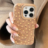 Retro Autumn Full Screen Yellow Flowers Suede Leather Texture Phone Case for iPhone 16 15 14 13 12 11 Pro Max Shockproof Cover