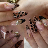 24Pcs Zebra Stripe Press on Nails Dark Brown with Gold Beads Fake Nails Almond Shape Nail Art French Style False Nails for Fall