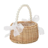 Wicker Flower Basket with Handle Pearl Handle Bow Ribbon Wedding Petal Basket Romantic Wedding Decor Handwoven Easter Basket