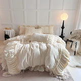 Pink Princess Style Pleated Lace Ruffles Carved Velvet Warm Soft Bedding Set Duvet Cover Flat/Fitted Bed Sheet Pillowcases 4Pcs