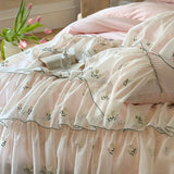 Three-layer Floral Embroidered Lace Ruffles 1000TC Egyptian Cotton Bedding Set Duvet Cover Flat/Fitted Bed Sheet Pillowcase 4Pcs