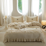 Princess Style Lace Trim Cotton Linen 4Pcs Bedding Set, French High-End Linen Duvet Cover & Sheet Set, Machine Washable