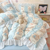 French Princess Lace Ruffles Bedding Set Washed Cotton Skin-friendly Duvet Cover Set with Sheet Soft Printed Flowers Quilt Cover