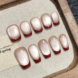 10pcs Press On Nails Retro Red Cat's Eye Simple Handmade Fake Nails Short Long Ballet Wearable Wine Red French False Nail Coffin