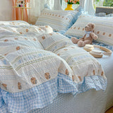 3/4Pcs Bedding Set Korean Princess Ruffle Cute And Whimsical Plaid Cat Cartoon Style Bed Sheets Kawaii Linen 2 Bedroom Cotton