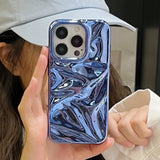 Plating Blue Glossy Water Ripple Phone Case For iPhone 16 15 14 13 12 11 Pro Max 16 Plus Soft Shockproof Back Cover