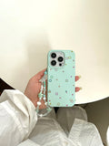 Korean INS Mint Green Little Stars Leather Texture Wrist String Phone Case for iPhone 16 15 14 13 Pro Max Back Phone Cover Capa