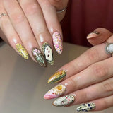 French Almond False Nails Retro Flowers Wearable Hand Drawn Press on Nails for Woman Datachable Full Cover False Nails Tips